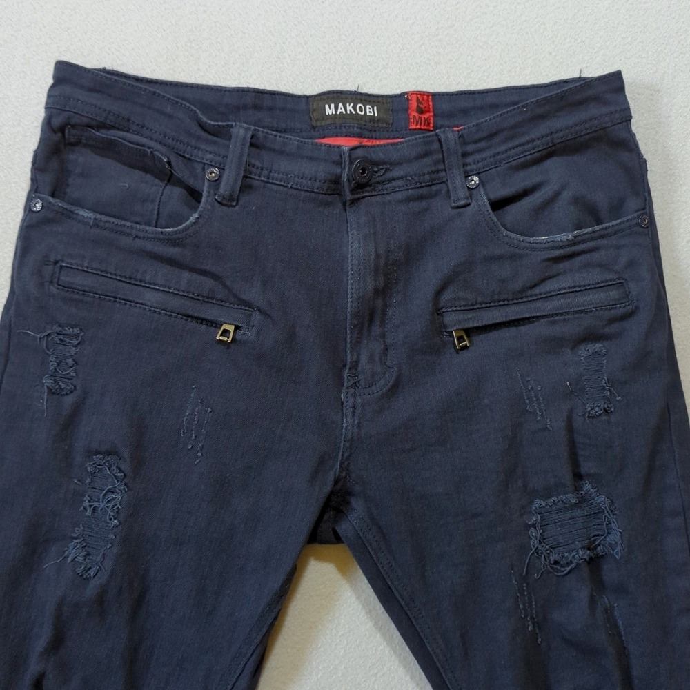 Makobi Distressed Jeans Mens 38x32 Navy Blue Ripped Streetwear M1925 Slim Pants